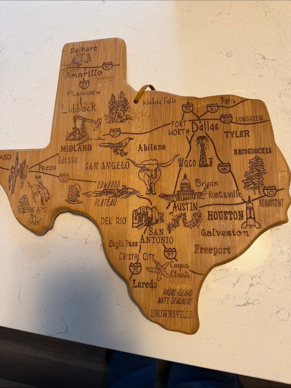 Texas Shaped Wooden Map Cutting Board - Natural Wood